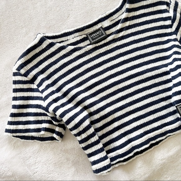 Versace Jeans Collection Tops - Vintage 90s Versace Jeans Couture Blue And White Striped Cotton Knit Crop Top